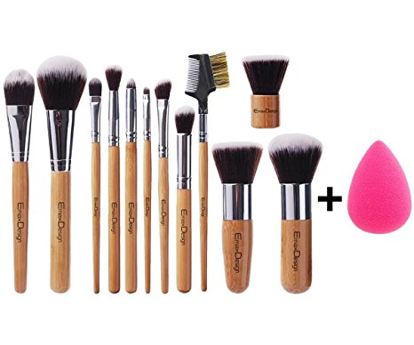 EmaxDesign 12 1 Pieces Makeup Brush Set, 12 Pieces Professional Bamboo Handle Foundation Blending Blush Eye Face Liquid Powder Cream Cosmetics Brushes & 1 Piece Beauty Sponge Blender