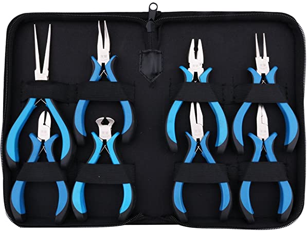 Yeeco 8-Piece Mini Pliers Set with Blue Handle, Linesman Pliers, Diagonal/Curved Bend/Needle Nose/Flat/Sharp Round Nose Jewelry Pliers, Solid Joint End Cutting Cushion Grip Wire Nipper Repair Tool
