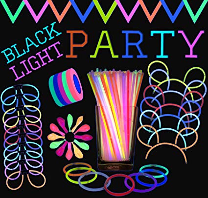 All-Inclusive Glow Party Supplies Bundle - 100 x 8” Glow Sticks, 100 x Connectors, 25 x 11” Blacklight Neon Balloons & 250ft of UV Reactive Decorative Tape | (Ultra Violet Light Required)