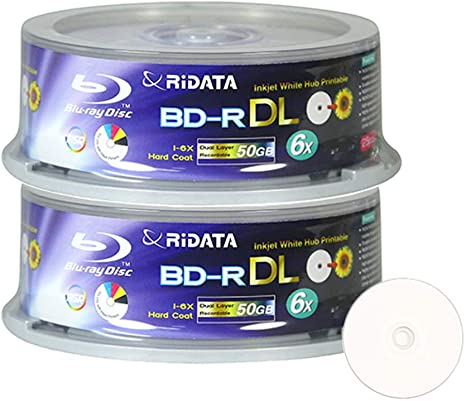 50 Pack Ridata Blu-ray BD-R DL Dual Layer 6X 50GB White Inkjet Hub Printable Recordable Blank Media Disc with Spindle Packing