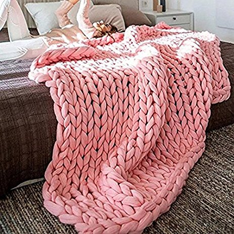 eacho Chunky Knit Blanket Handmade Bulky Sofa Pet Mat Soft Knitting Throw Bed Rug Blanket Bedroom Decor, Pink, 40" x 59"