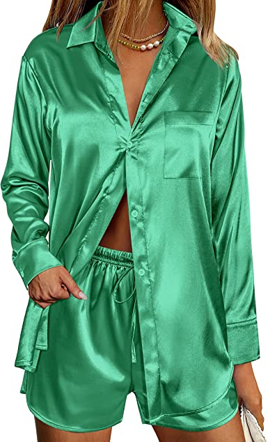 Ekouaer Womens 2 Piece Satin Pajama Set Long Sleeve Lounge Sets Button Down Shirts and Shorts PJs Soft Sleepwear