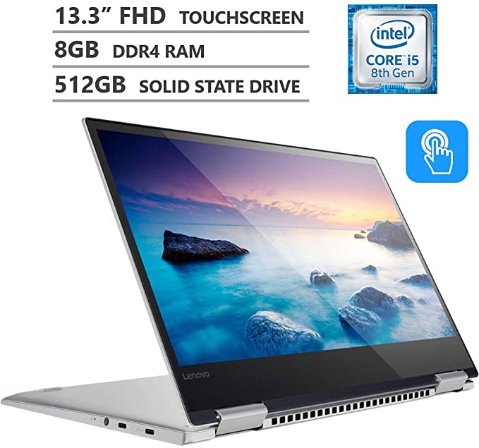 Lenovo Yoga 2-in-1 13.3" Full HD IPS Touchscreen Laptop, Intel Core i5-8250U up to 3.40GHz, 8GB RAM, Backlit Keyboard, Wireless-AC, Bluetooth, Windows 10, Platinum (512GB PCIe NVMe M.2 SSD)