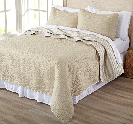 Jasmine Collection 3-Piece Luxury Quilt Set with Shams. Soft All-Season Microfiber Bedspread and Coverlet in Solid Colors with Vermicelli Stitching. By Home Fashion Designs Brand. (F/Q, Beige)