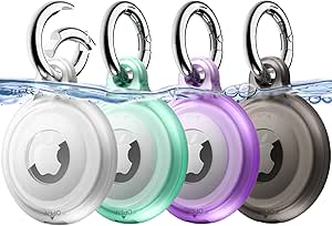 JETech 4 Pack Waterproof Case for AirTag with Keychain, Full Body Anti-Scratch Air Tag Keyring Holder Cover for Kids, Pet Collar, Keys, Luggage, Bags (Black/Clear/Green/Purple)