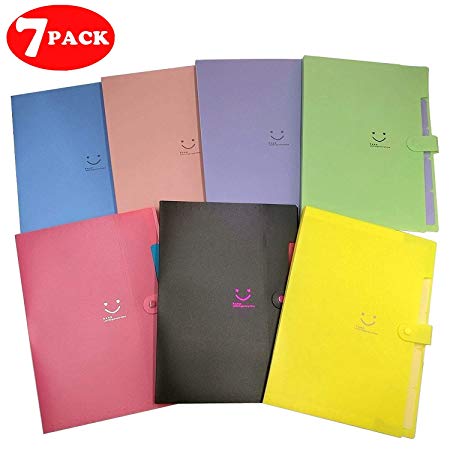 7-Pack Expanding Plastic File Folders Accordion Document Organizer Office School File Filing Bags Smile Letter A4 Paper Size with 5 Pockets & Snap Closure, Multi-Colors