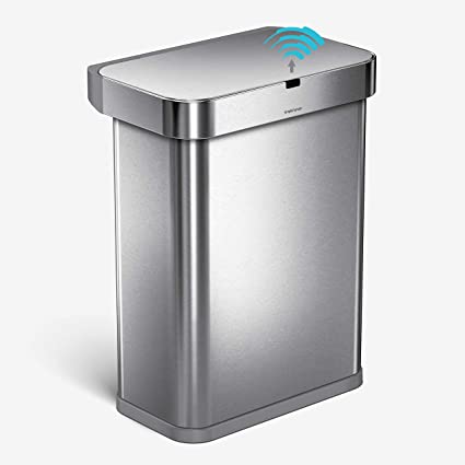 simplehuman 58 Liter / 15.3 Gallon Touch-Free Rectangular Kitchen Trash Can, Voice and Motion Sensor Activated, 2nd Generation, Brushed Stainless Steel