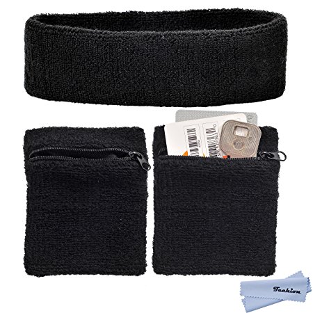 Techion Sports Sweatband Set Including 1 Pack Headband and 2 Pack Wristbands with Zipper Pocket / Wallet for Cycling, Running, Tennis and more