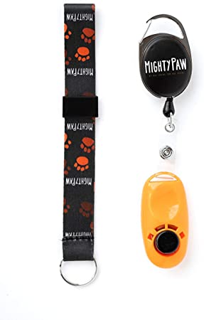 Mighty Paw Dog Training Clicker, 2 Attachment Options, Retractable Belt Clip   Wrist Lanyard (Orange)
