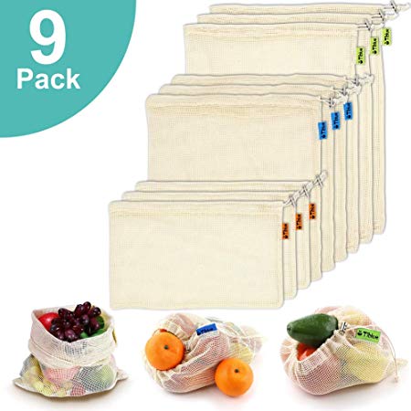 Reusable Produce Bags, Organic Cotton Mesh Bags for Grocery Shopping and Storage with Tare Weight on Tags, Double-Stitched Seams, Machine Washable, Biodegradable, Eco-Friendly, Set of 9 (3S 3M 3L)