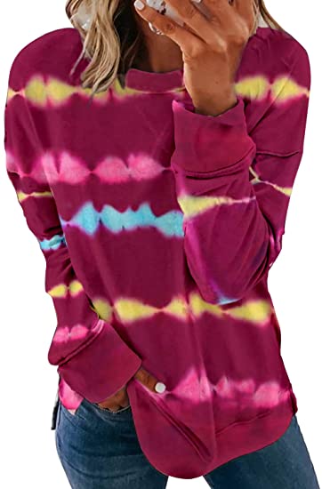 FARYSAYS Women's Casual Tie Dye Striped Round Neck Long Sleeve Loose Pullover Sweatshirt Tops