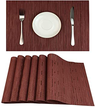 Red-A Placemats Set of 6 for Dining Table Heat-Resistant Washable Place Mats Woven Vinyl Kitchen Table Mats Easy to Clean,Wine red