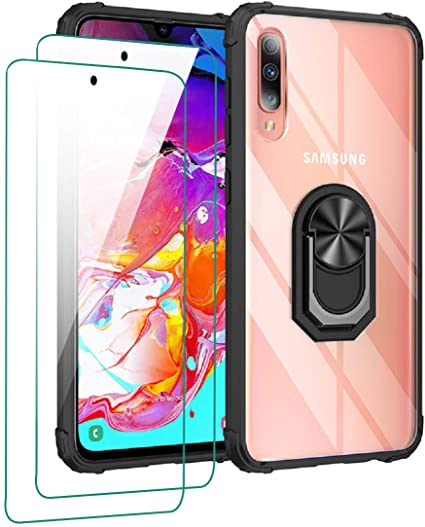 for Samsung Galaxy A70 Case, DMDMBATH A70 Phone Case with Ring Holder 2Pcs Screen Protectors Kickstand All-Inclusive Thickened Anti-Fall Hard Pc Clear Back Shell Ring Magnetic Car Mount (Black)