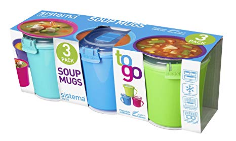 Sistema To Go Microwave Soup Mugs, 656 ml, Assorted Colours - Pack of 3