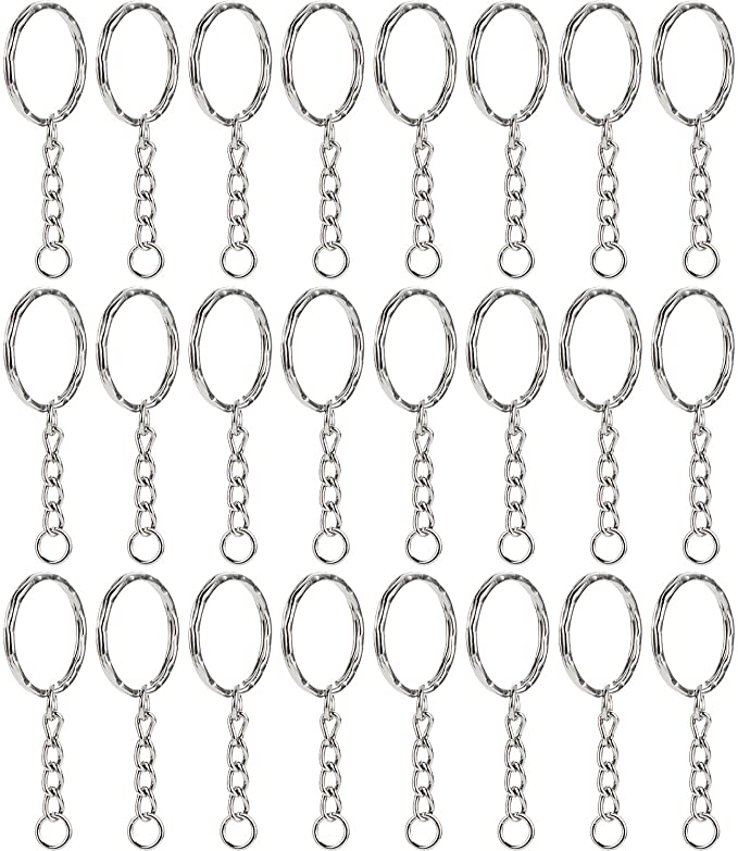 WILLBOND 50 Pieces Key Ring Key Chain Ring Split Rings Round Edged Keyrings with 4 Link Chain, 1 Inch Diameter