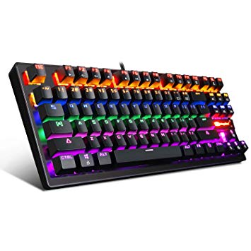 Mechanical Keyboard 87 Keys Small Compact Multicolour LED Backlit - MK1 Wired USB Gaming Keyboard with Blue Switches, 100% Anti-Ghosting, Metal Construction, Water Resistant for Windows PC Laptop Game