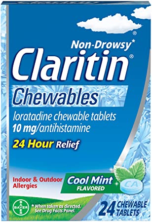 Claritin 24 Hour Chewable Allergy Relief, Non-Drowsy Allergy Medicine, Loratadine Antihistamine, Cool Mint Flavored Tablets, 24 Count