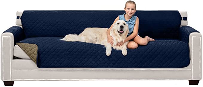 Sofa Shield Patented Couch Cover, Large Furniture Protector with Straps, Reversible Tear and Stain Resistant Slipcovers, Quilted Microfiber 88” Seat, Washable Covers for Dogs, Kids, Navy Sand
