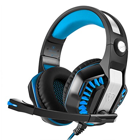 Gaming Headset iBeek Surround Sound Noise Cancelling Over Ear Headphones Super Comfortable Gaming Headphones with Mic Stereo Volume Control LED Lighting for Xbox PS4 PC Tablet Laptop (Blue)