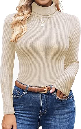 Ekouaer Women's Turtleneck Shirts Ribbed Pullover Sweater Long Sleeves Tops Midweight Thermal Underwear Blouse