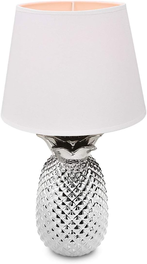 Navaris Silver Pineapple Table Lamp - Mini Lamp 13.8" Tall Light with Ceramic Base for Tables - with E12 Candelabra Bulb Socket - Small, White Shade