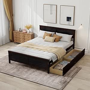 Giantex Wood Full Size Bed Frame with 2 Storage Drawers, Solid Wood Platform Bed with Headboard, Wooden Slats Mattress Foundation, No Spring Needed, Full Bed Frame for Kids, Teens, Adults, Espresso