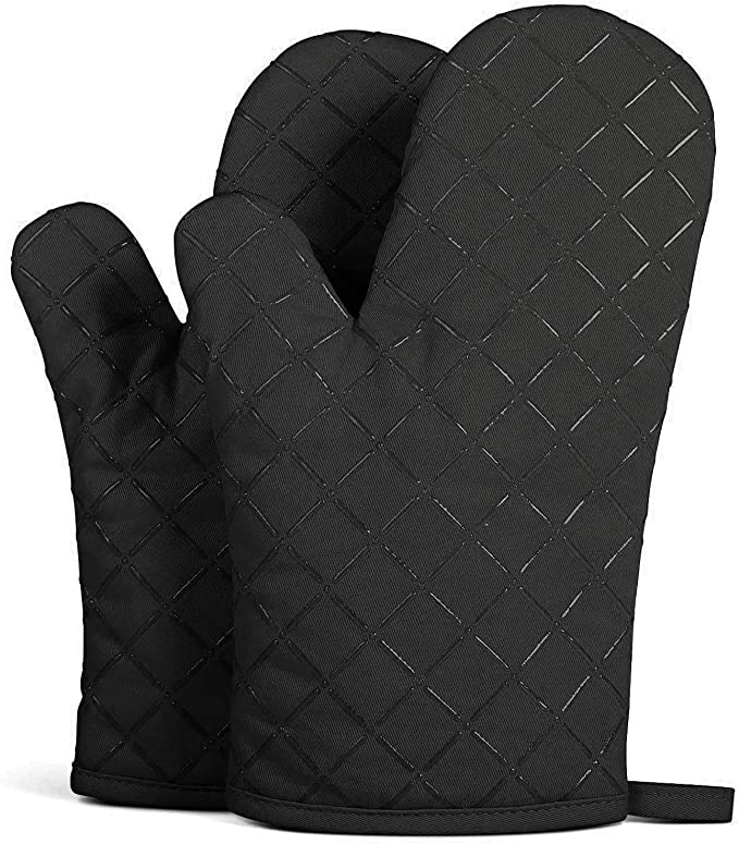 Extra Long Oven Mitts, 2-Pack Heat Resistant 300 ºF Oven Gloves Pot Holder Neoprene Cotton Trivet for Kitchen Cooking - Non-Slip Grip, Hanging Loop (Black(Silicone-Cotton))