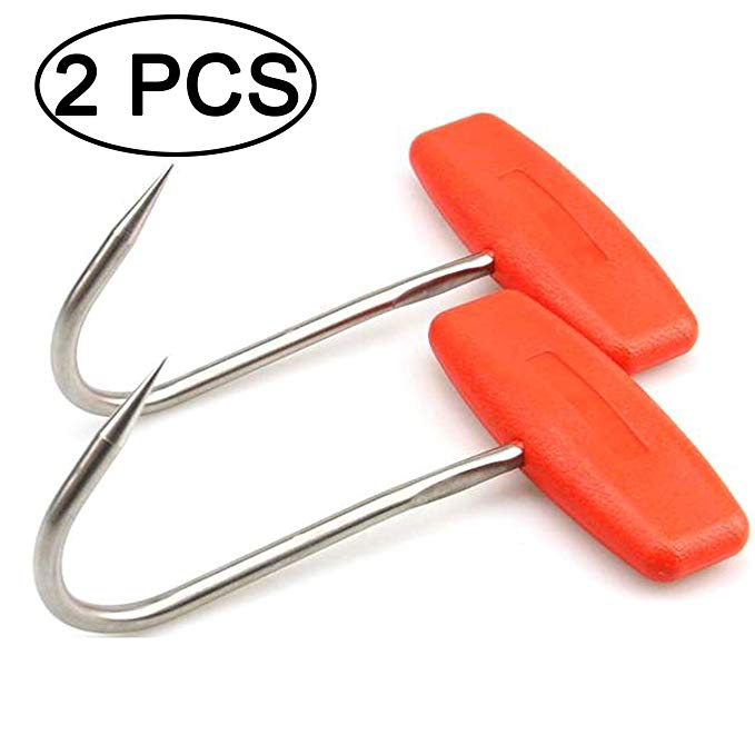TIHOOD 2PCS Meat Hooks for Butchering,T Shaped Boning Hooks with Handle 6 inch Stainless Steel Butcher Shop Tool Kit (Orange x2)