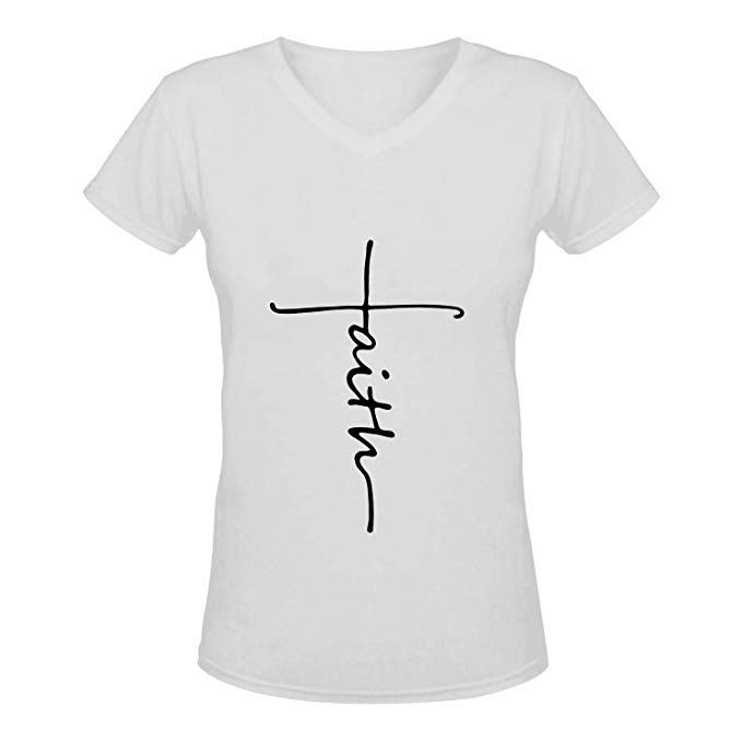 Women Cross Faith T-Shirt Printed V-Neck Letter Christian Graphic Cute Tees
