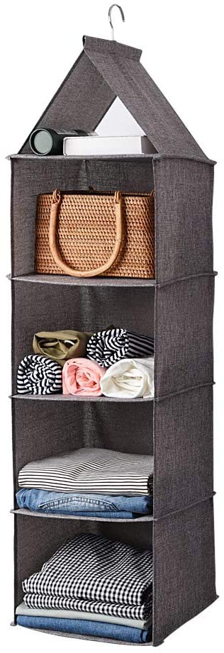 UUJOLY 4-Shelf Hanging Closet Organizer Fabric Collapsible with PP Plastic Shelf Wardrobe Closet Hanging Shelves for Shoes, Handbags, Clutches, Accessories & Clothing, Gray