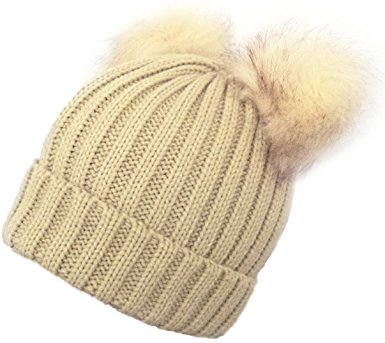 Fashion21 Women's Winter Chunky Knit Beanie Hat with Double Faux Fur Pom Pom Ears