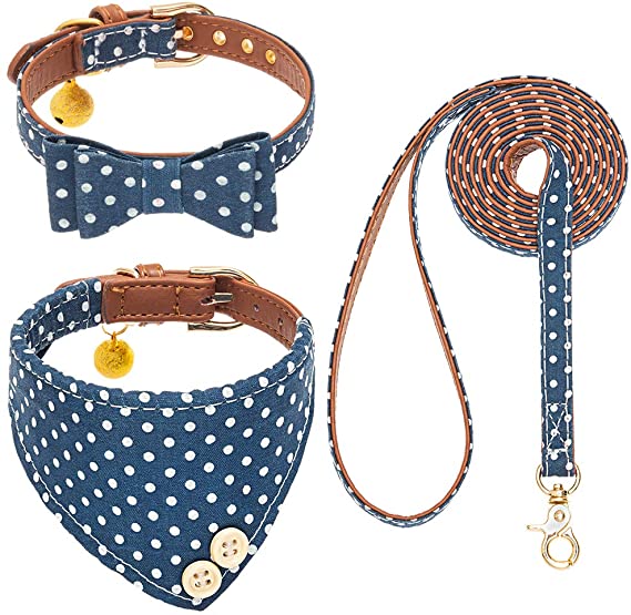 EXPAWLORER Bow Tie Dog Collar and Leash Set Classic Plaid Adjustable Dogs Bandana and Collars with Bell for Puppy Cats 3 PCS