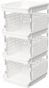 Lifewit Stackable Storage Baskets, 4 Tier Plastic Storage Trolley Unit Rack Shelf for Wardrobe, Kitchen, Cupboard Storage Organiser, White, 35 x 30 x 72 cm