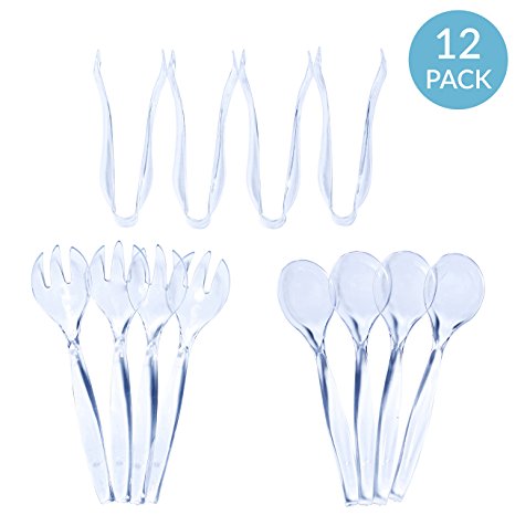 Set of 12 Clear Disposable Plastic Serving Utensils - Four 10" Spoons, Four 10" Forks, and Four 6" Tongs by Upper Midland Products