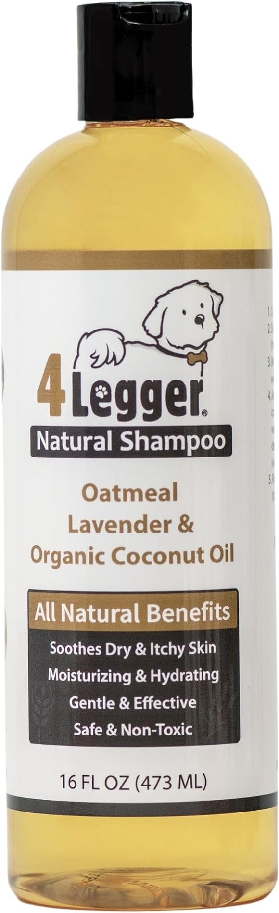 4-Legger Certified Organic Oatmeal Dog Shampoo with Aloe and Lavender Essential Oil - All Natural Safely Soothe, Condition and Moisturize Normal to Dry, Itchy Sensitive Skin - Made in USA - 16 oz