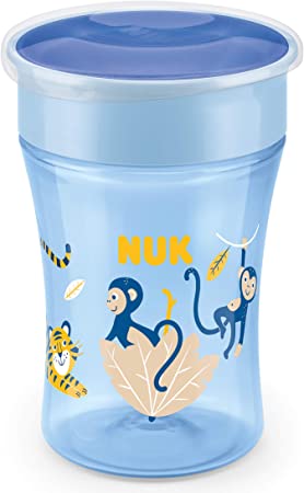 NUK Magic Cup Sippy Cup | 360° Anti-Spill Rim | 8  Months | BPA-Free | 230 ml | Monkey (Blue) | 1 Count