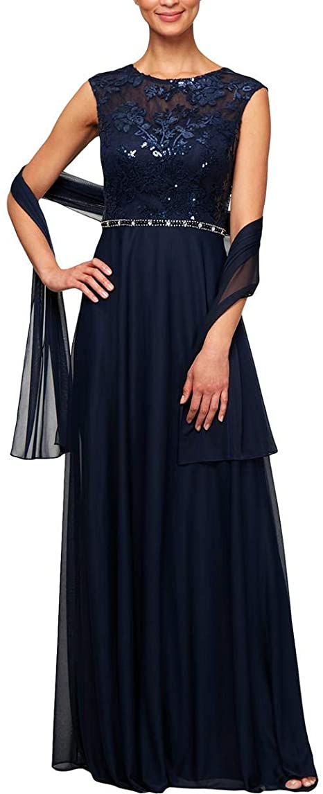 Alex Evenings Womens Navy Sequined Floral Sleeveless Jewel Neck Full-Length Sheath Evening Dress Size 8