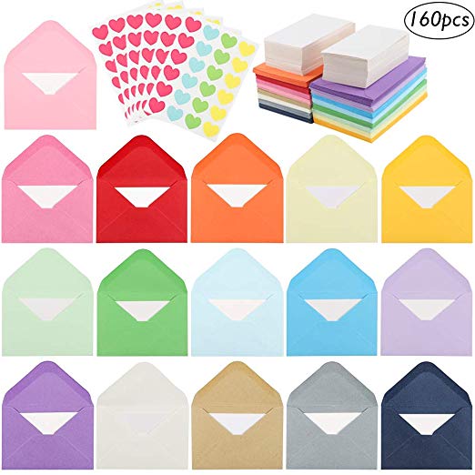JPSOR 160pcs Mini Envelopes 16 Assorted Colors, Self-Adhesive Envelopes with White Blank Business Cards, Business Card Envelopes 4 x 2.7 Inches with 168 Heart Stickers
