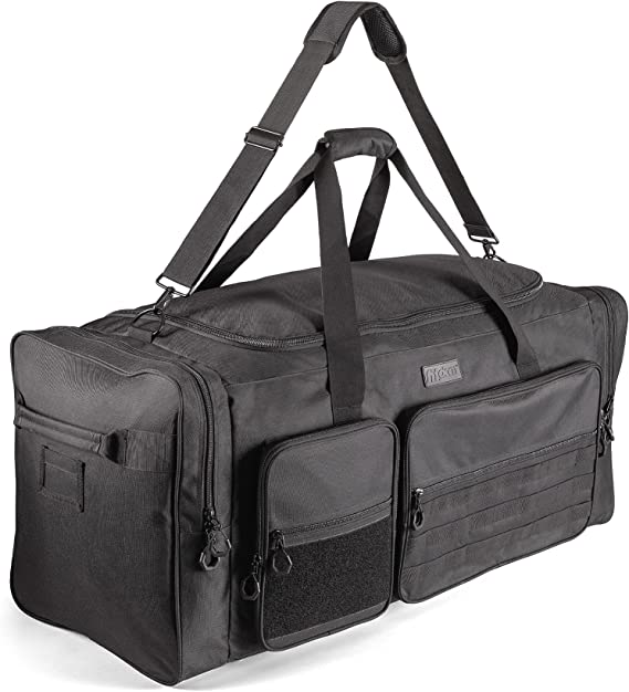 Fitdom 130L 36" Heavy Duty Extra Large Sports Gym Equipment Travel Duffle Bag W/Adjustable Shoulder Strap & 7 Compartments. Perfect for Soccer Baseball Basketball Hockey Football, Team Coaches & More, Black, Tactical Inspired
