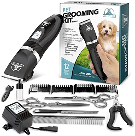 Pet Union Professional Dog Grooming Kit - Rechargeable, Cordless Pet Grooming Clippers & Complete Set of Dog Grooming Tools. Low Noise & Suitable for Dogs, Cats and Other Pets (Black)