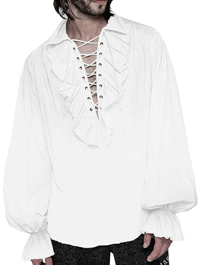 Mens Medieval Gothic Shirt Renaissance Viking Pirate Vampire Costume Lace Up Ruffle Front Colonial Cosplay Tee Top
