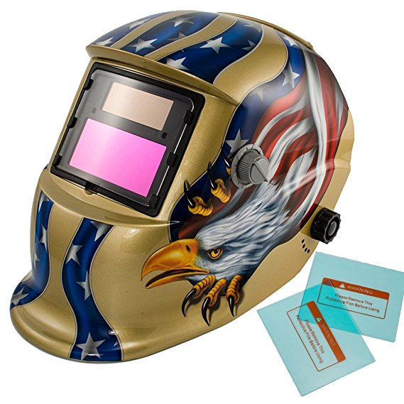 iMeshbean Auto Darkening Welding Helmet Solar Powered Hood Mask TN08E2 Grinding with Replaceable Extra Lens ANSI Approved Eagle Design Color Blue Red Golden USA Seller-Golden
