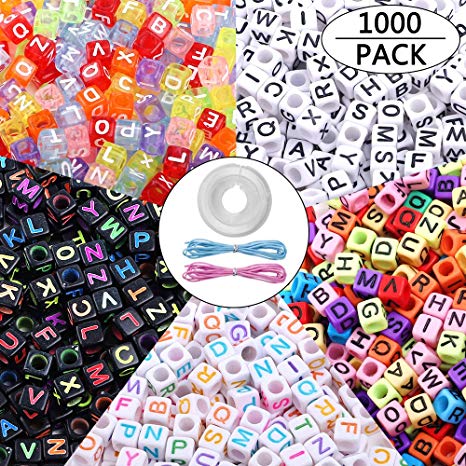 Quefe 1000pcs 5 Color Acrylic Alphabet Letter Beads with Elastic Cord Crystal String Cord for Jewelry Making DIY Necklace Bracelet（6mm）