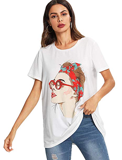 Romwe Women's Summer Short Sleeve Girl Print Loose Casual Tee T-Shirt Top