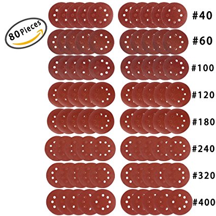 80 Pieces 5 Inch 8 Holes Sanding Discs Assortment Pack Made From Premium Aluminum Oxide, Viaky Grit Sizes 40/ 60/ 100/ 120/ 180/ 240/ 320/ 400 , Discs Pads ,Hook-and-Loop, For Random Orbital Sander