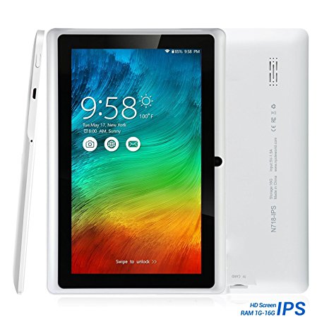 NPOLE Tablet Android 16G 1G IPS 7 Inch Quad Core CPU Dual Camera HD Video 3D Game Supported (White)