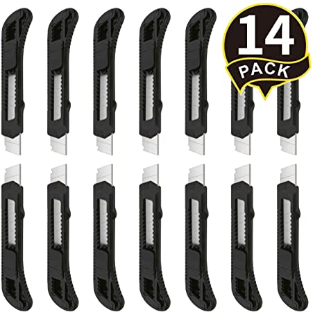 14Pack Utility Knife Retractable Box Cutter Black (18mm Wide Blade Cutter) Compact Extended Use for Heavy Duty Office, Home, Arts Crafts, Hobby