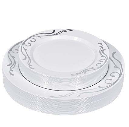 50-Piece Elegant Plastic Plates Set Service for 25 Disposable Plates Combo Include: 25 Dinner Plates & 25 Salad Plates for Weddings, Parties, Catering & Everyday Use (Silver Scroll) -Stock Your Home