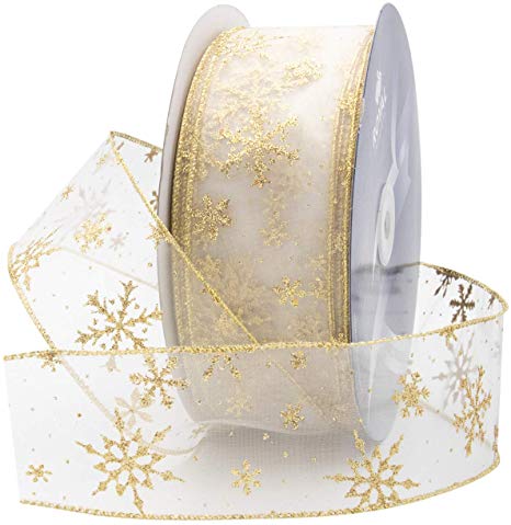 Royal Imports Ivory Organza Glitter Wired Sheer Ribbon - Gold Edge, 2.5" (#40) Snowflake Design for Floral, Craft, Holiday Decoration, 50 Yard Roll (150 FT Spool) Bulk