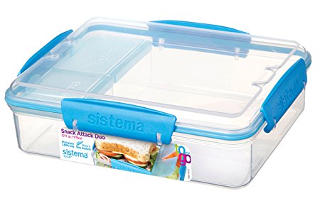 Sistema To Go Collection Snack Attack Duo Food Storage Container, 32.9 oz, Clear with Blue